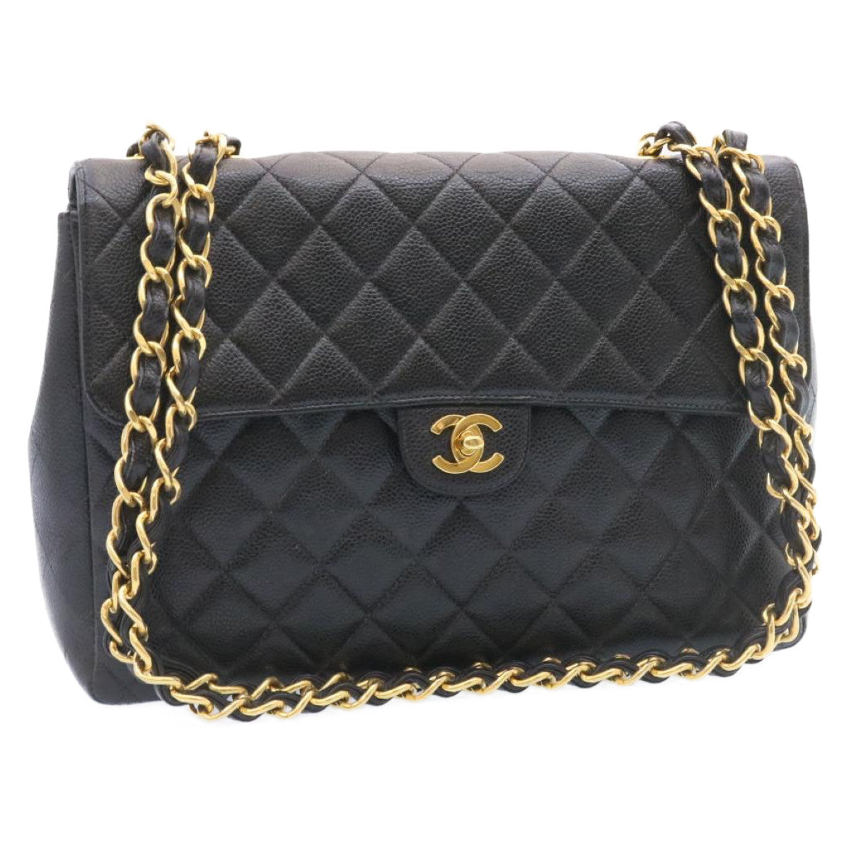 CHANEL Big Matelasse Flap Chain Shoulder Bag Caviar Skin Black Gold  25984A