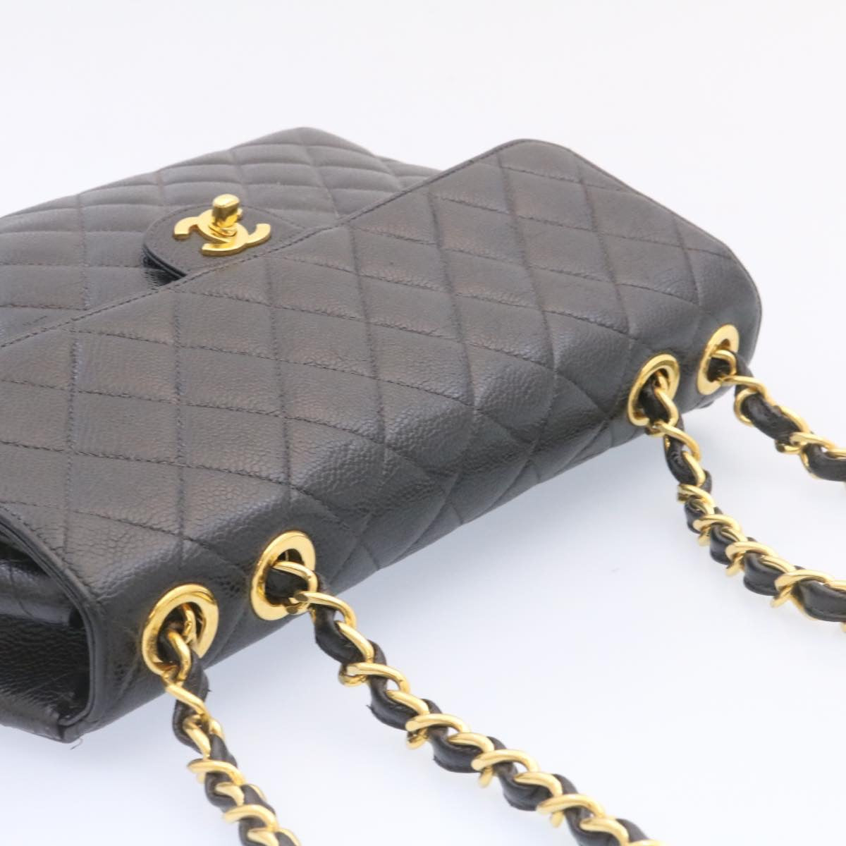 CHANEL Big Matelasse Flap Chain Shoulder Bag Caviar Skin Black Gold  25984A