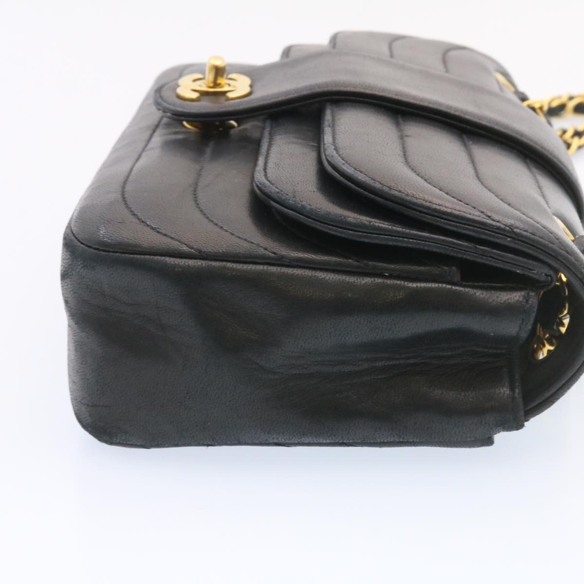 CHANEL Lamb Skin Double Flap Chain Shoulder Bag Black CC  26207A