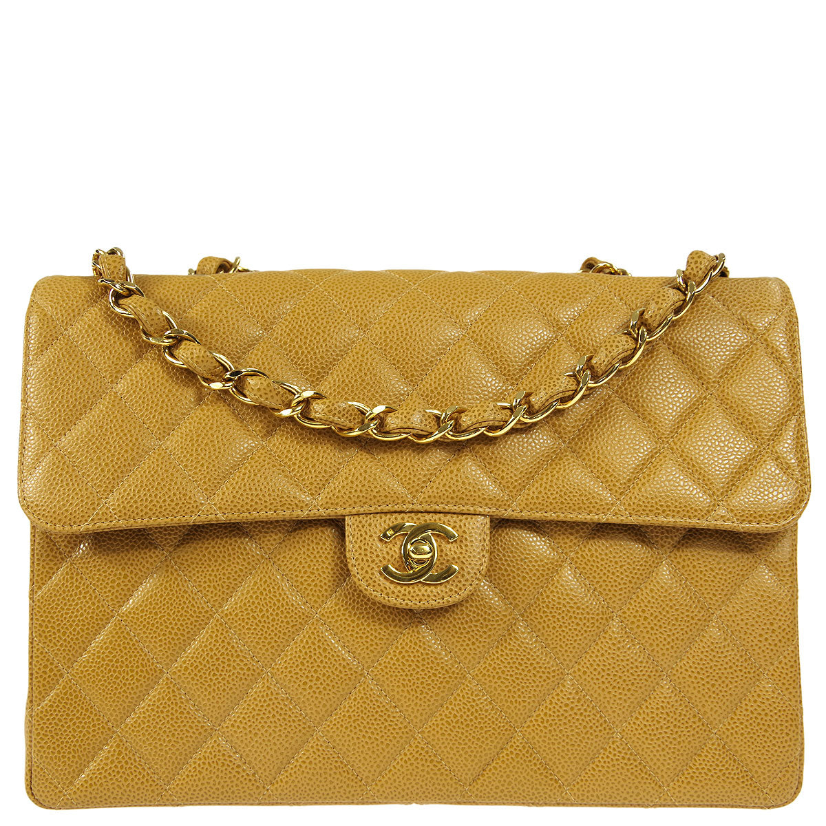 Luxury Chanel 2001-2003 * Beige Caviar Jumbo Classic Flap Shoulder Bag