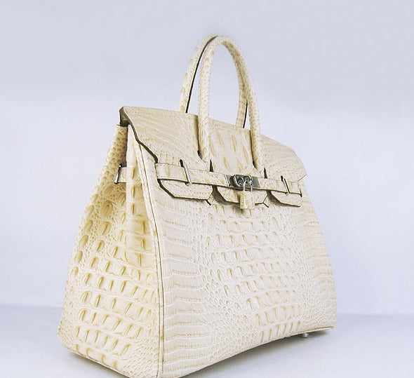 Luxury Hermes Birkin 35cm Crocodile Head Veins Handbags Beige Silver