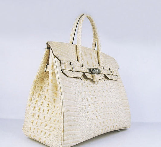 Luxury Hermes Birkin 35cm Crocodile Head Veins Handbags Beige Silver