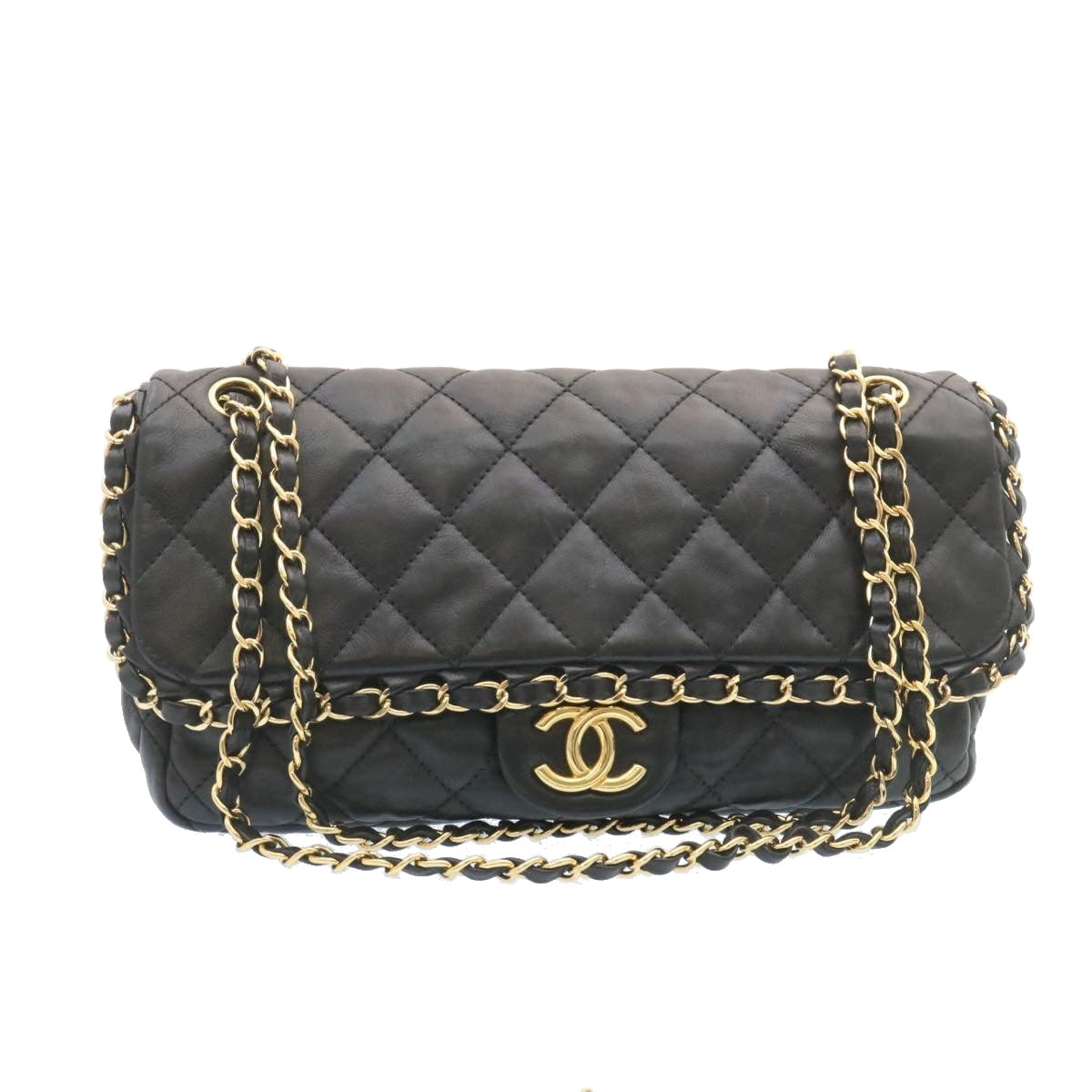CHANEL Matelasse Chain Flap Shoulder Bag Lamb Skin Black Gold CC  27027A