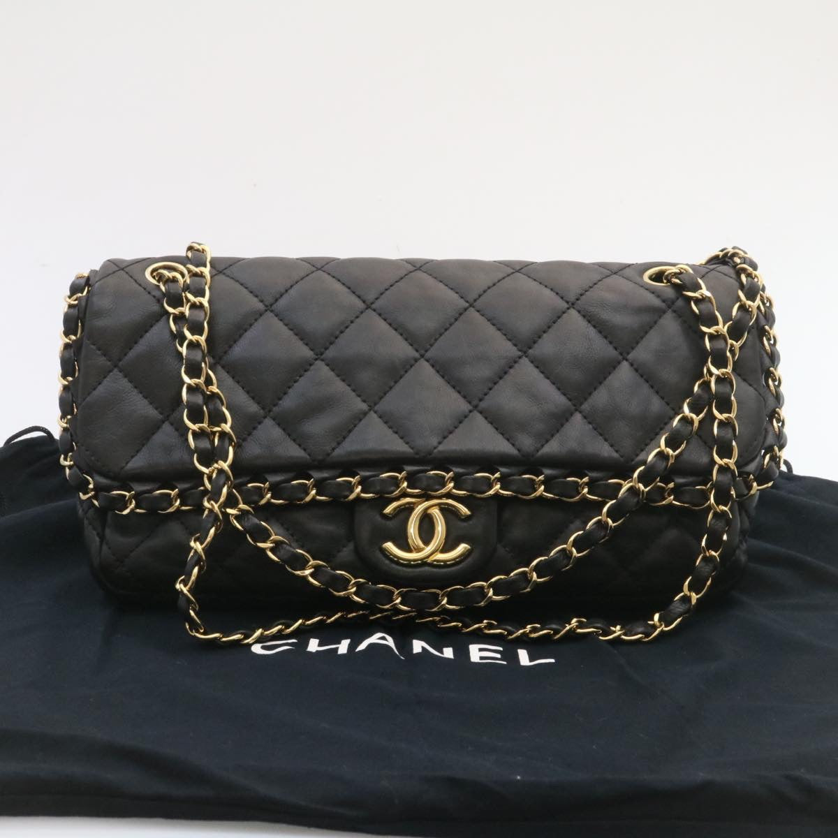 CHANEL Matelasse Chain Flap Shoulder Bag Lamb Skin Black Gold CC  27027A