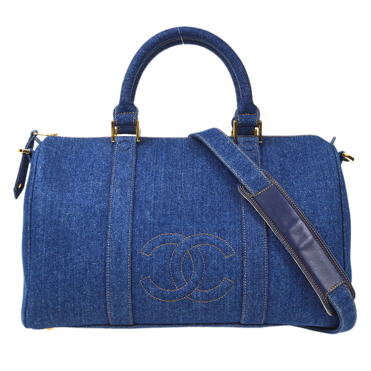 Luxury Chanel * Indigo Denim 2way Shoulder Duffle Travel Handbag
