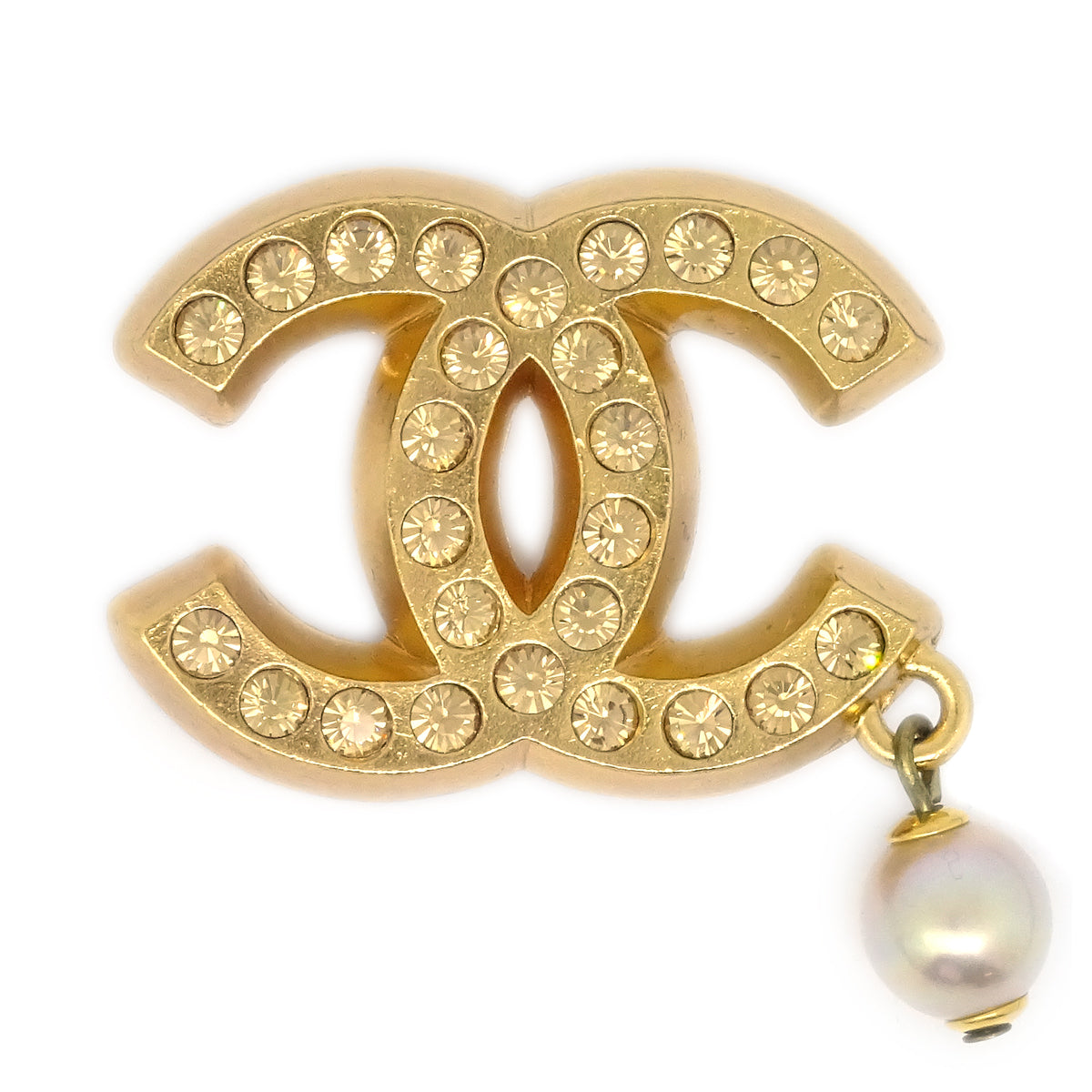 Luxury Chanel Rhinestone Artificial Pearl Brooch Pin Gold 02P