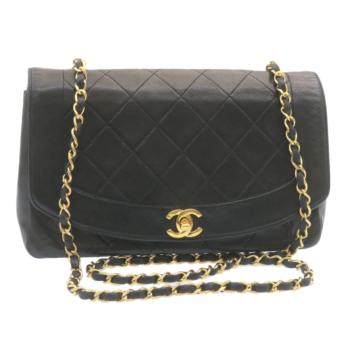 Luxury Chanel Chain Turn Lock Diana Matelasse Shoulder Bag Lamb Skin Black  28282A