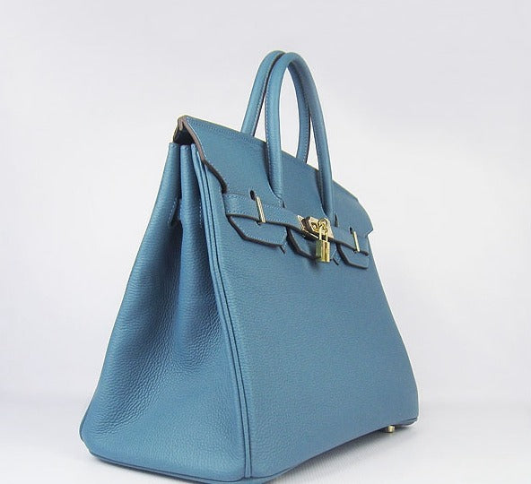Luxury Hermes Birkin 35cm Cattle Skin Vein Handbags Blue Golden