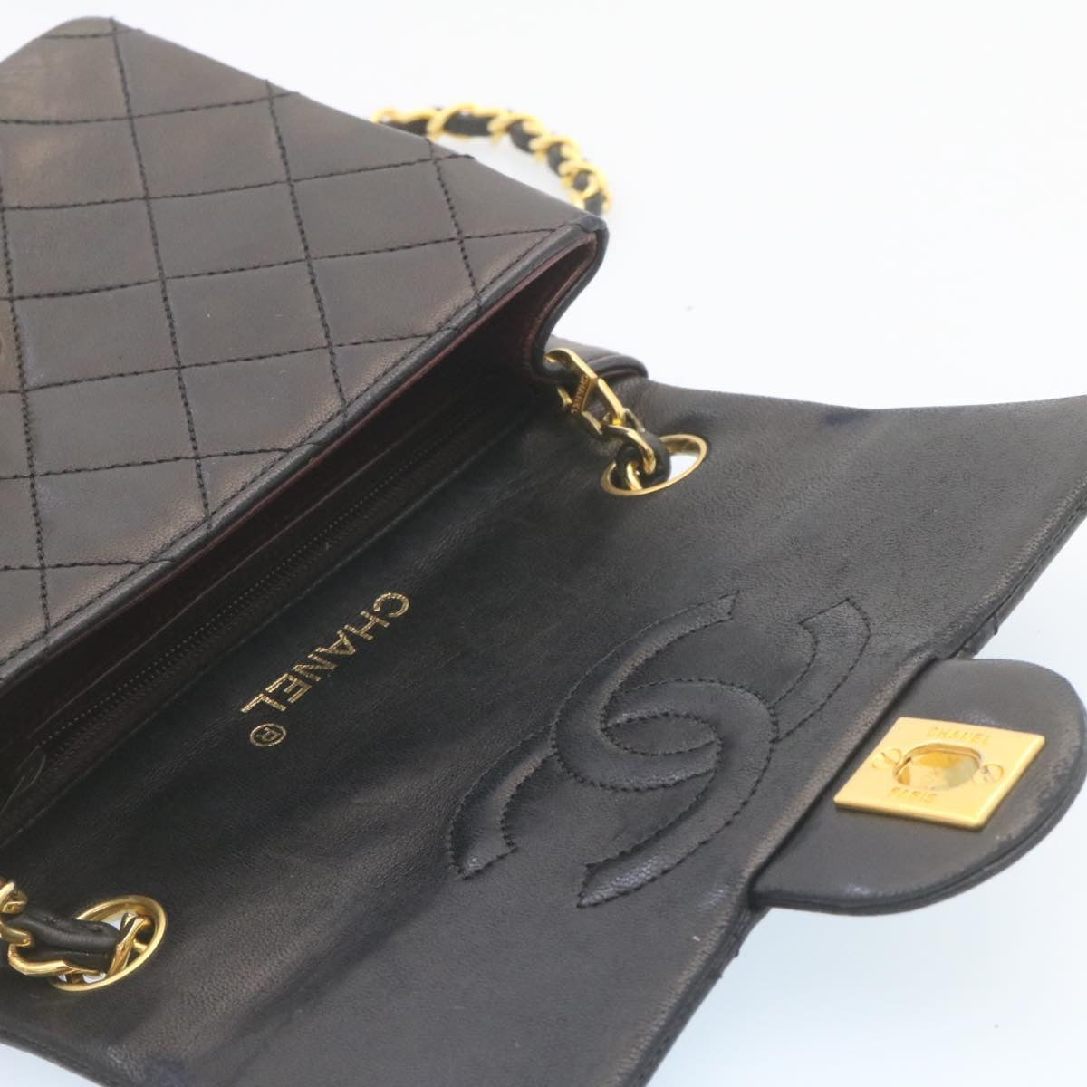 CHANEL Mini Matelasse Chain Flap Shoulder Bag Lamb Skin Black Gold  28471A