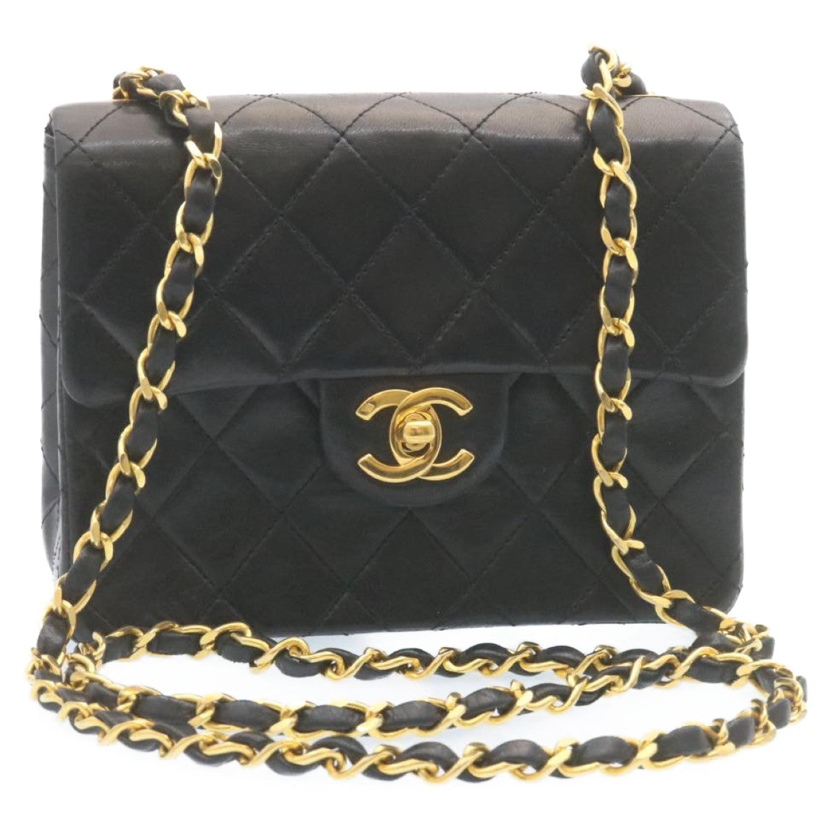 CHANEL Mini Matelasse Chain Flap Shoulder Bag Lamb Skin Black Gold  28471A