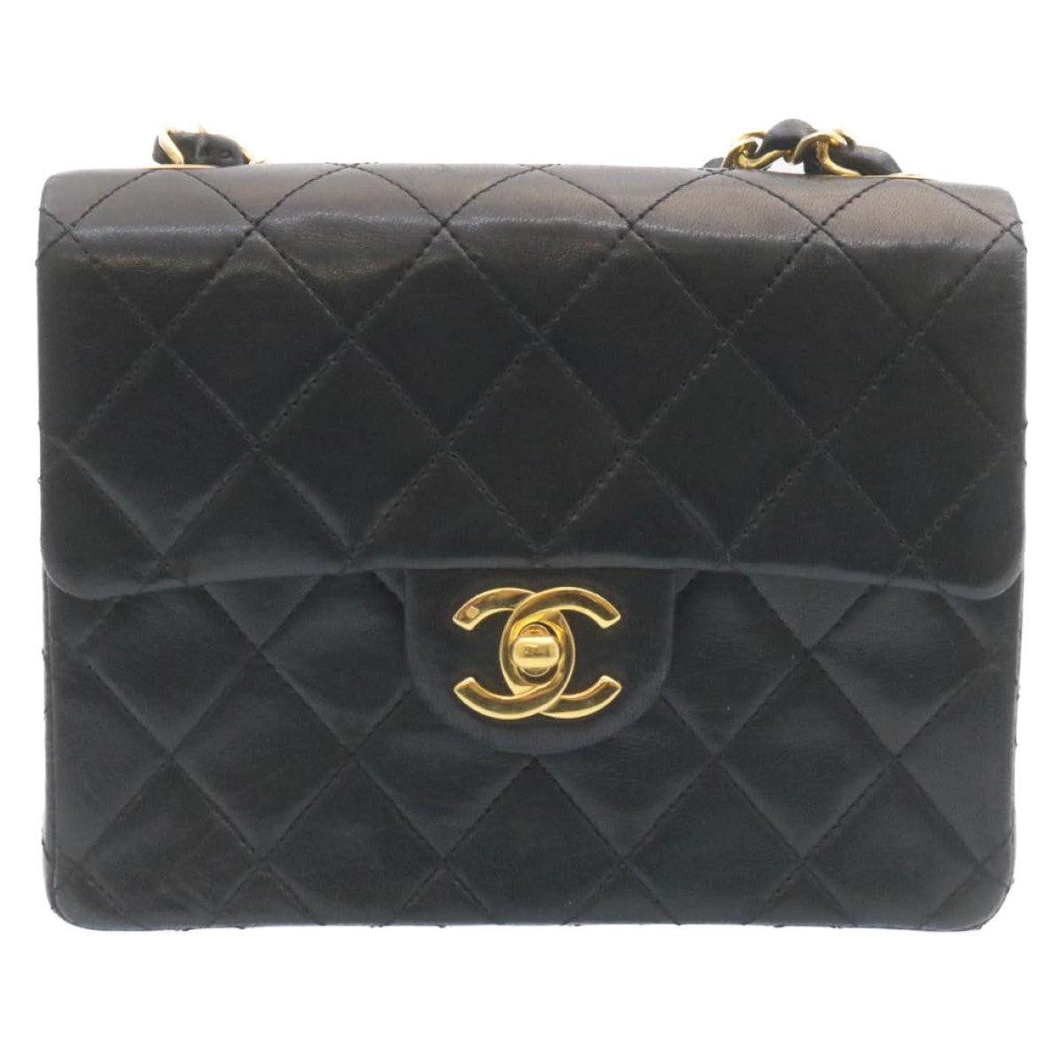 CHANEL Mini Matelasse Chain Flap Shoulder Bag Lamb Skin Black Gold  28471A