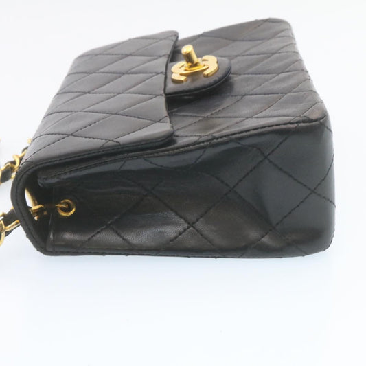 CHANEL Mini Matelasse Chain Flap Shoulder Bag Lamb Skin Black Gold  28471A