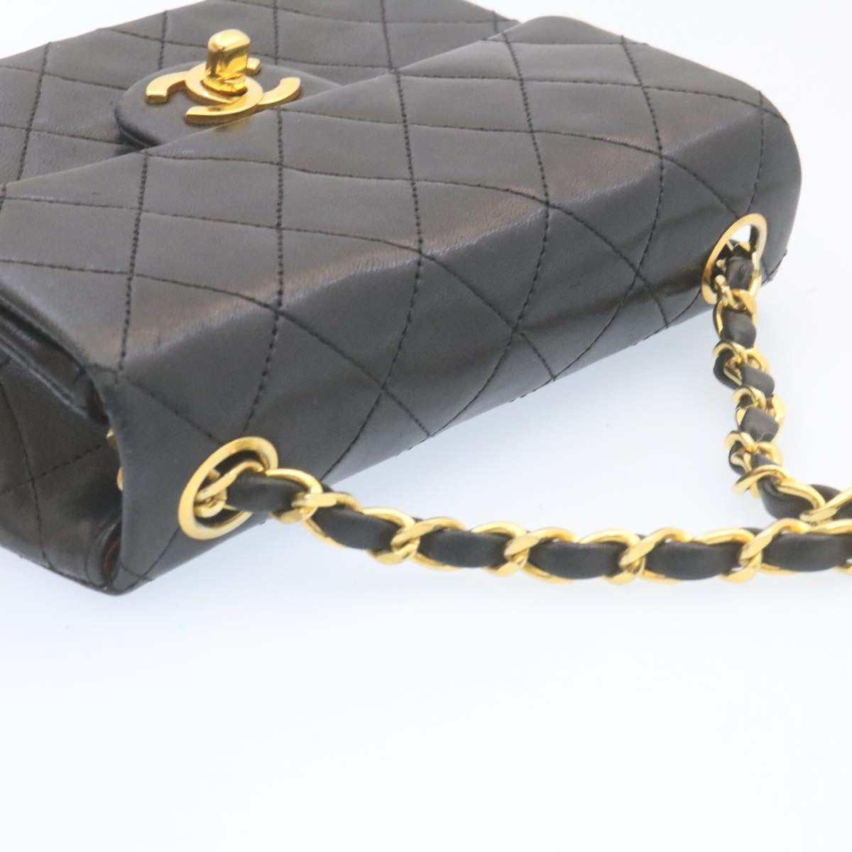 CHANEL Mini Matelasse Chain Flap Shoulder Bag Lamb Skin Black Gold  28471A