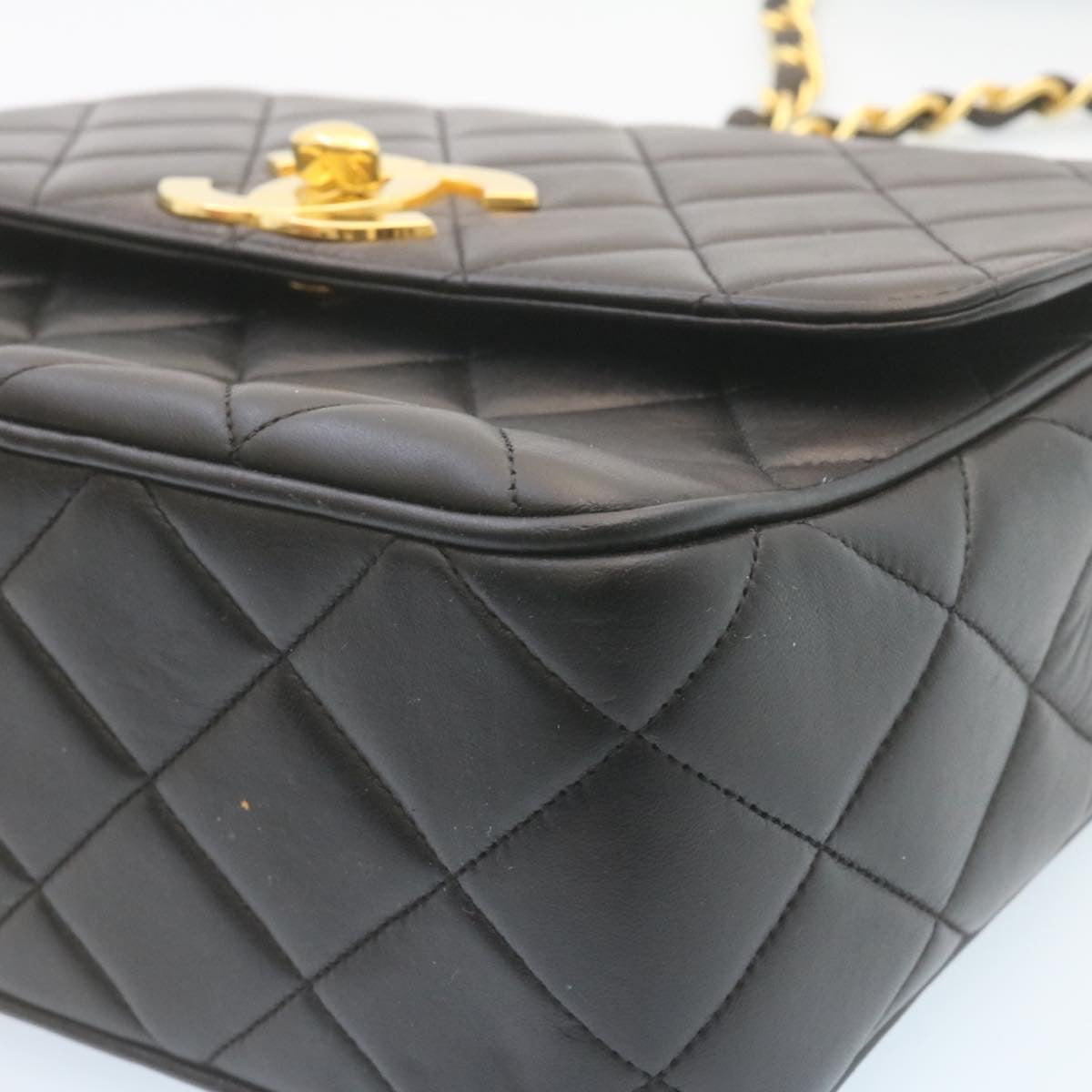 CHANEL Matelasse Chain Flap Shoulder Bag Lamb Skin Black Gold CC  28632A