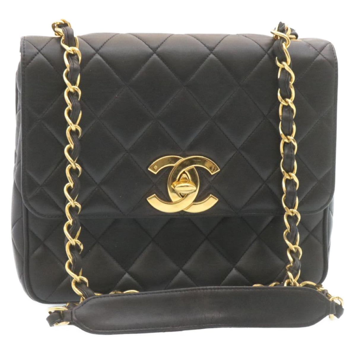 CHANEL Matelasse Chain Flap Shoulder Bag Lamb Skin Black Gold CC  28632A