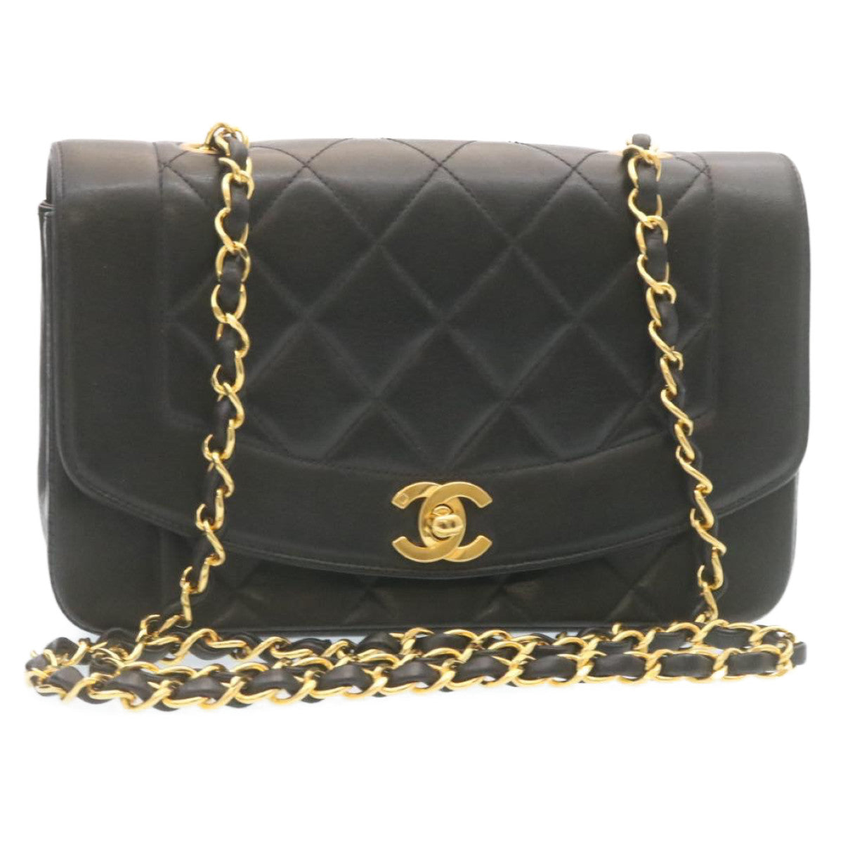 Luxury Chanel Chain Turn Lock Diana Matelasse Shoulder Bag Lamb Skin Black  28643A