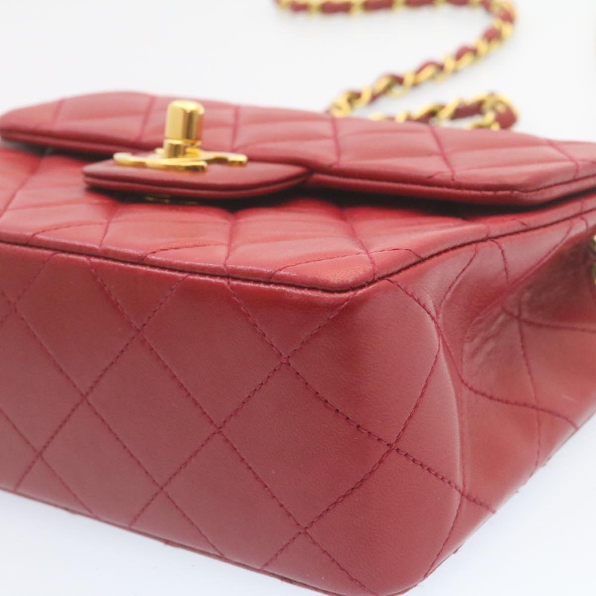 CHANEL Matelasse Chain Flap Shoulder Bag Lamb Skin Turn Lock Red CC  28661A
