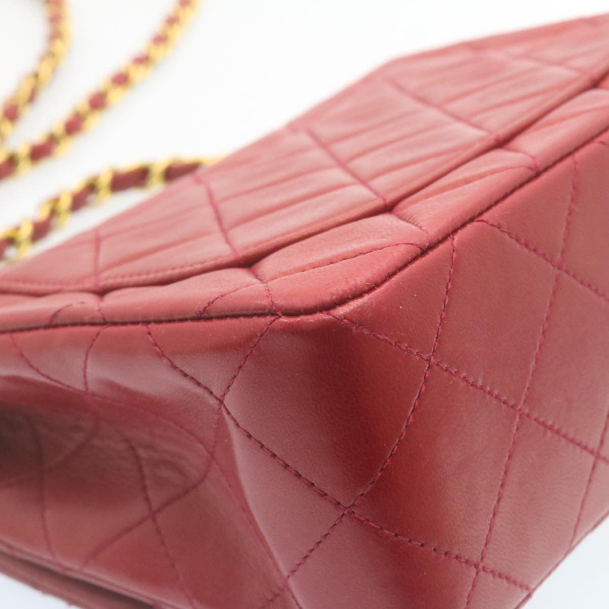 CHANEL Matelasse Chain Flap Shoulder Bag Lamb Skin Turn Lock Red CC  28661A