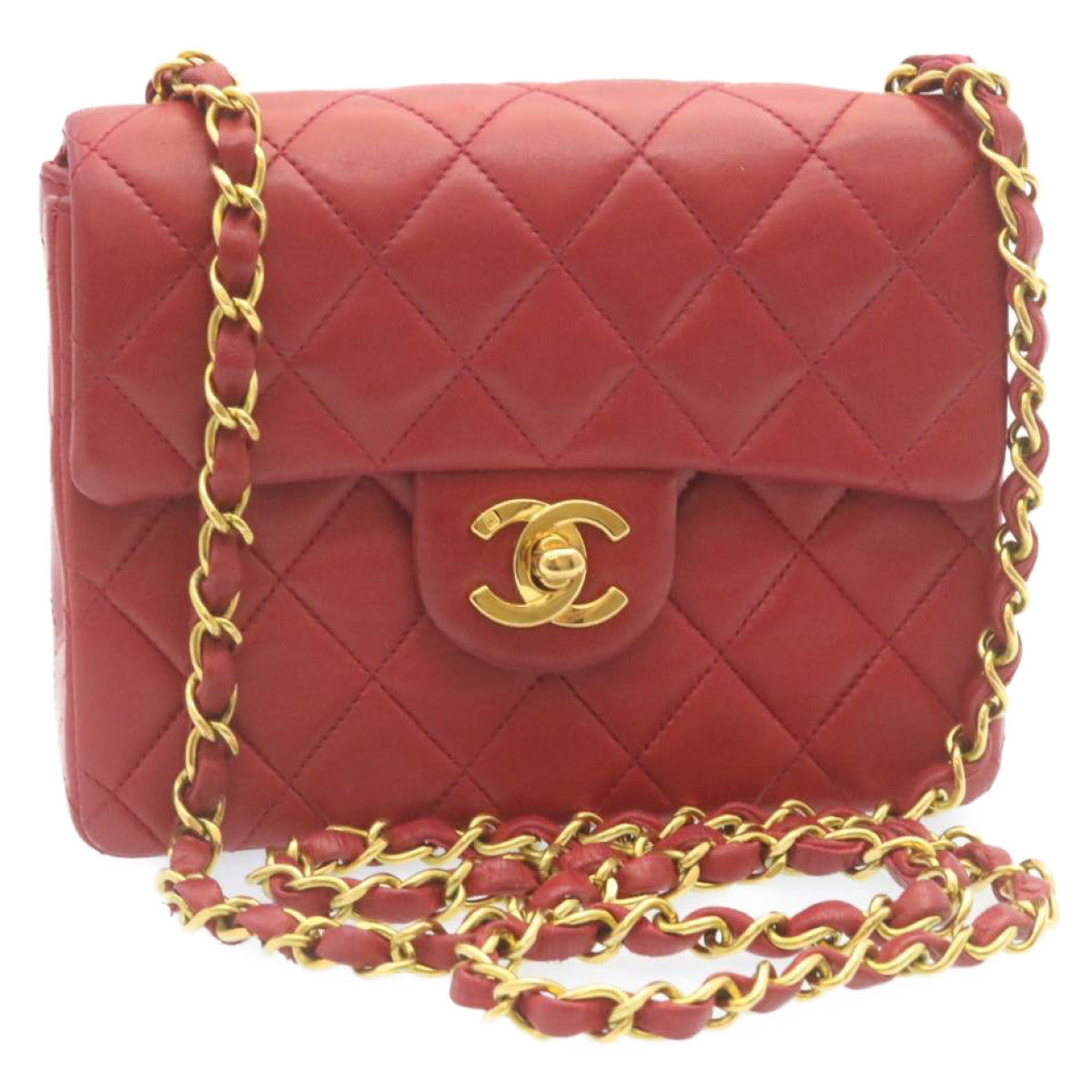 CHANEL Matelasse Chain Flap Shoulder Bag Lamb Skin Turn Lock Red CC  28661A