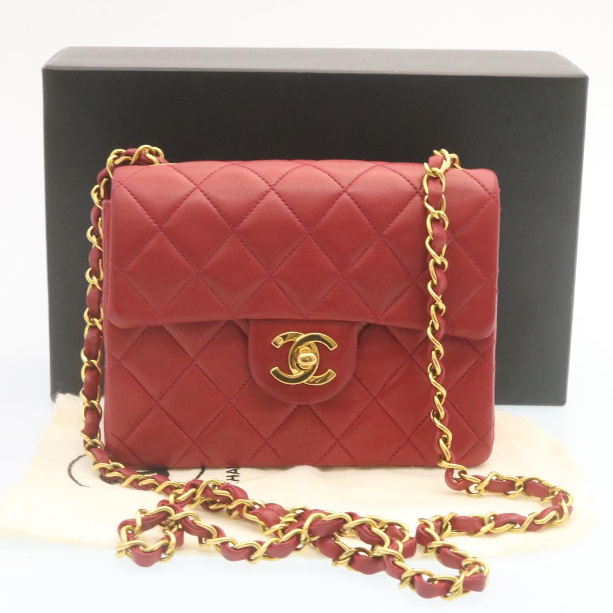 CHANEL Matelasse Chain Flap Shoulder Bag Lamb Skin Turn Lock Red CC  28661A
