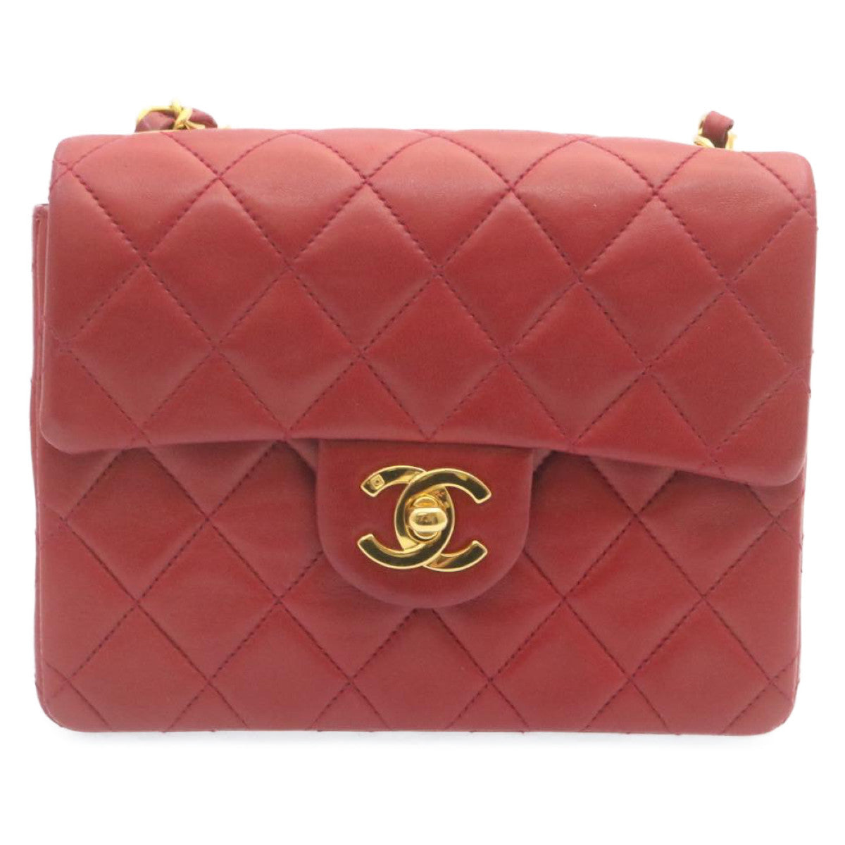 CHANEL Matelasse Chain Flap Shoulder Bag Lamb Skin Turn Lock Red CC  28661A