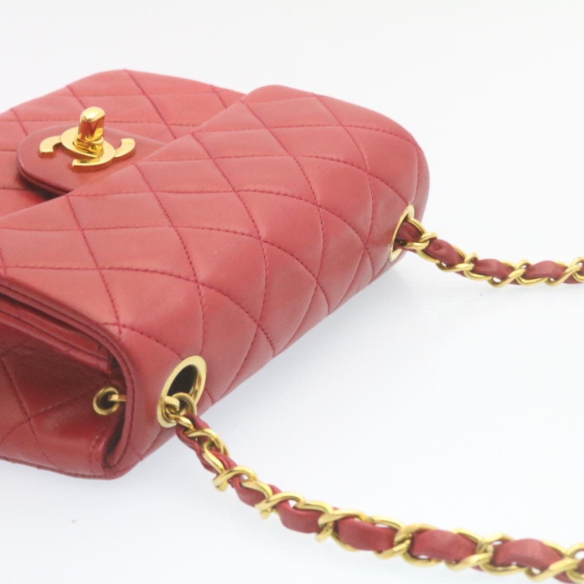CHANEL Matelasse Chain Flap Shoulder Bag Lamb Skin Turn Lock Red CC  28661A