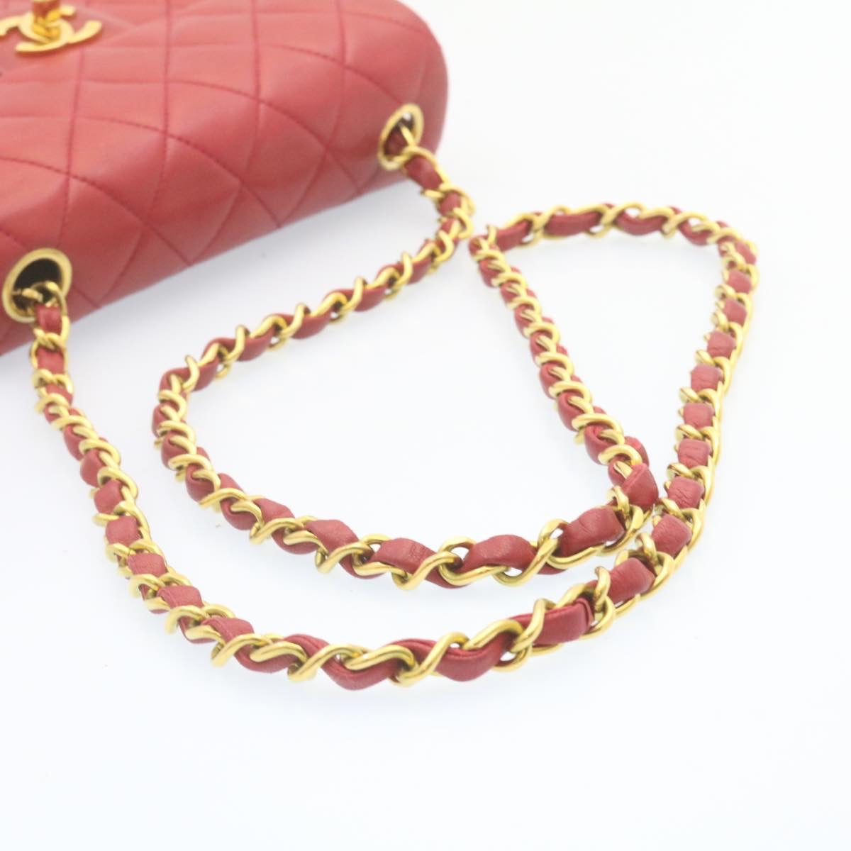 CHANEL Matelasse Chain Flap Shoulder Bag Lamb Skin Turn Lock Red CC  28661A