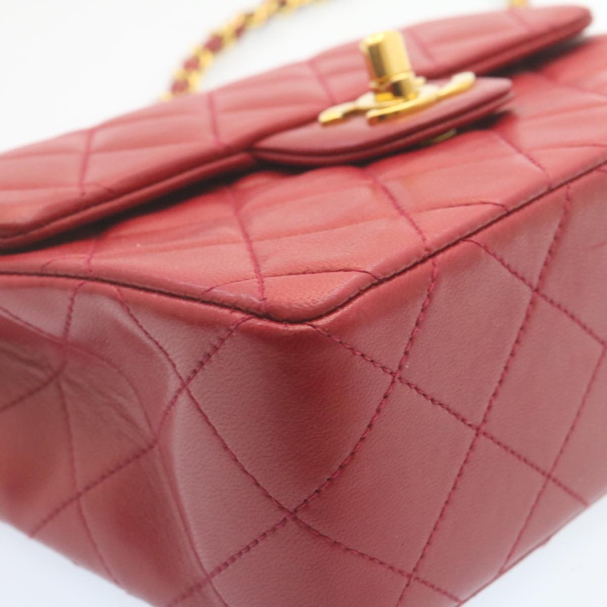CHANEL Matelasse Chain Flap Shoulder Bag Lamb Skin Turn Lock Red CC  28661A