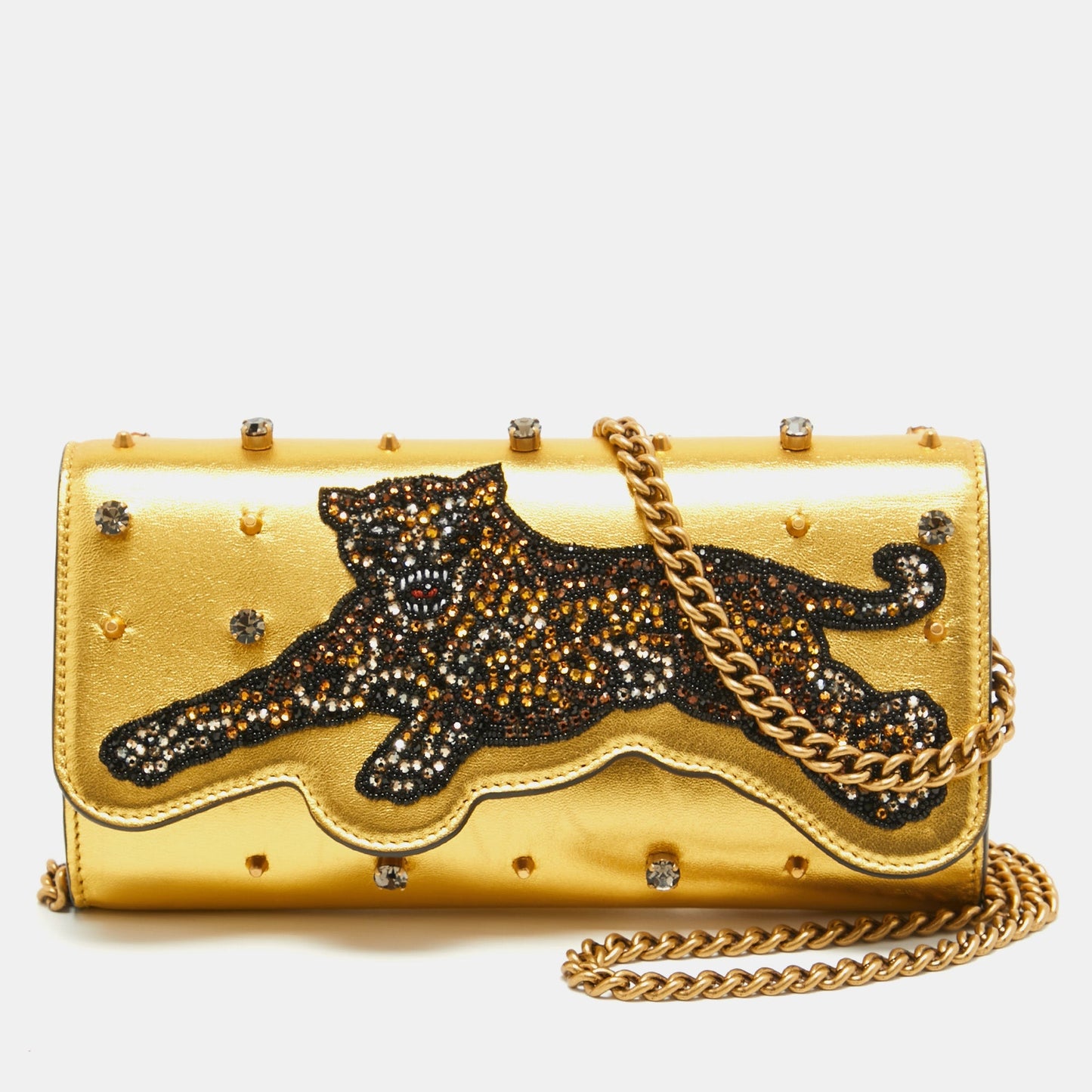 Luxury Gucci Trending 2025 Gold Leather Embroidered Tiger Crystal Studded Chain Clutch