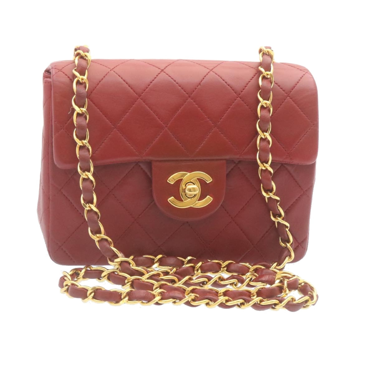 CHANEL Matelasse Chain Flap Shoulder Bag Lamb Skin Turn Lock Red CC  29038