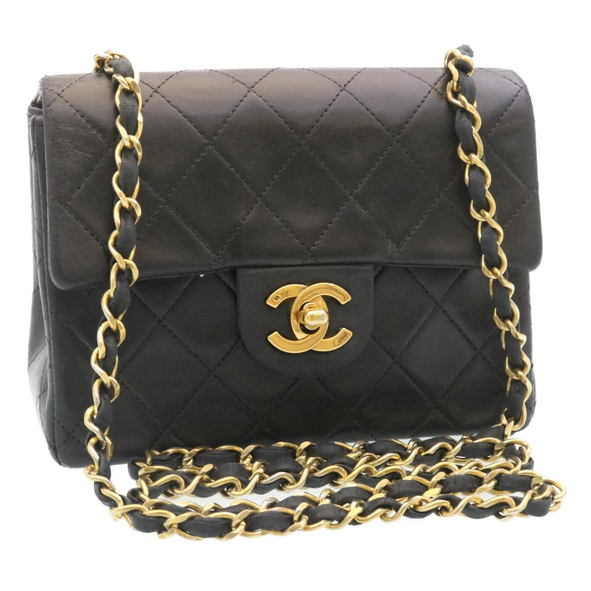 CHANEL Mini Matelasse Chain Flap Shoulder Bag Lamb Skin Black Gold  29069A