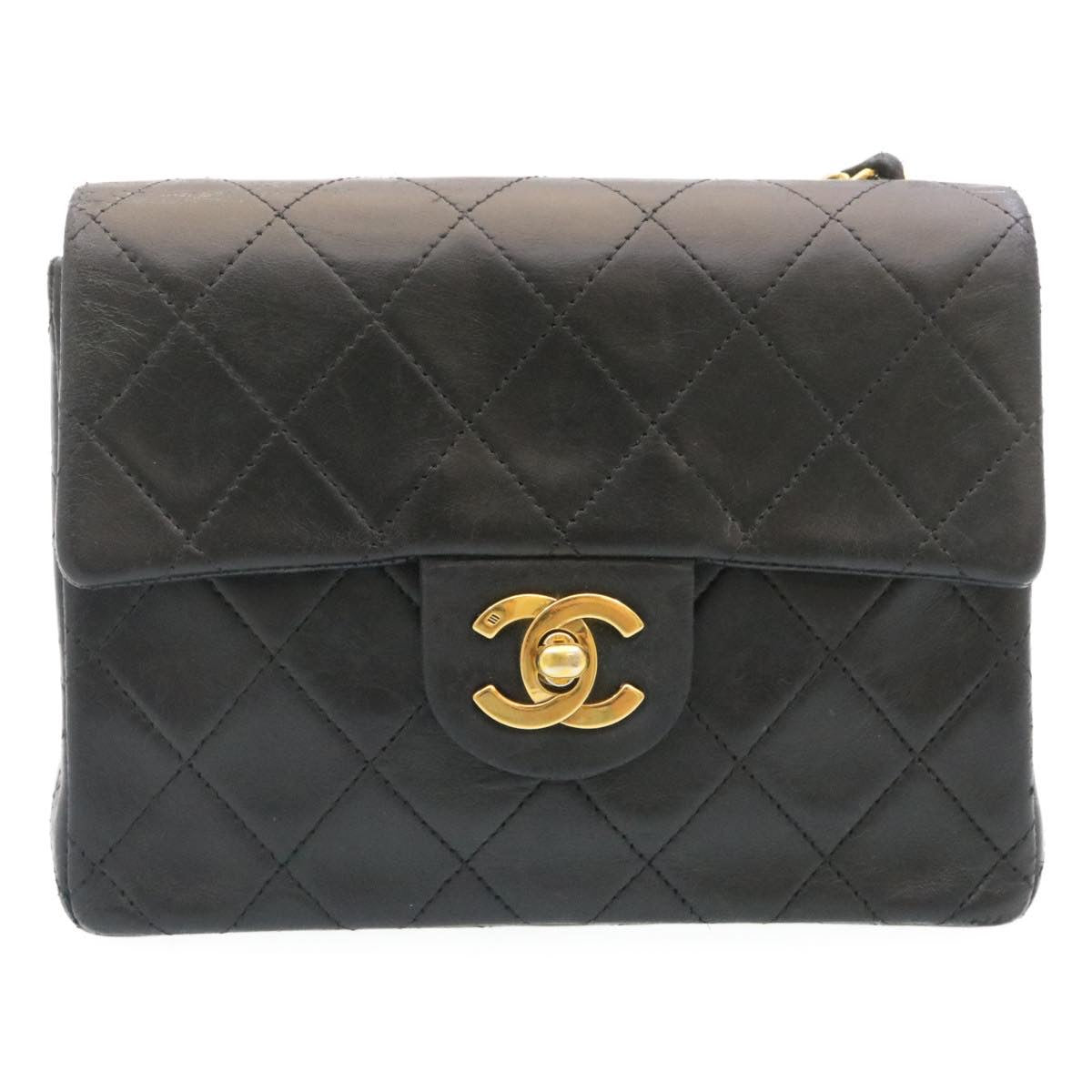 CHANEL Mini Matelasse Chain Flap Shoulder Bag Lamb Skin Black Gold  29069A
