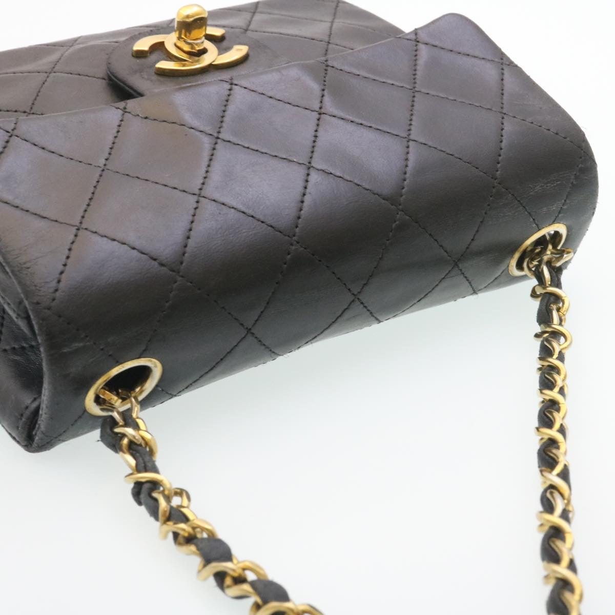 CHANEL Mini Matelasse Chain Flap Shoulder Bag Lamb Skin Black Gold  29069A