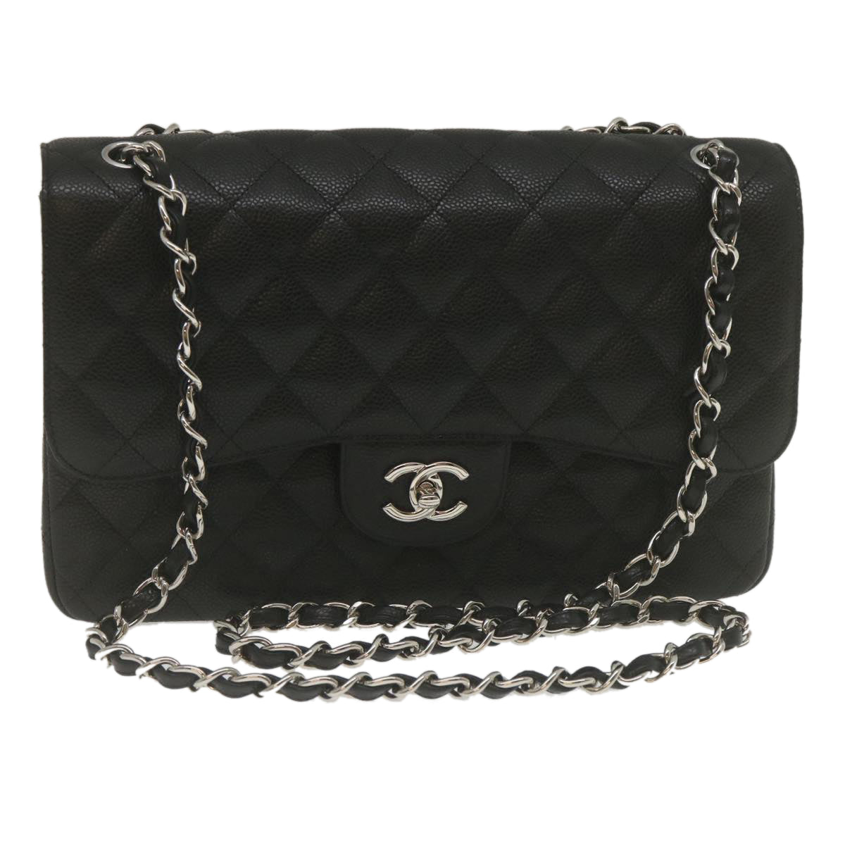 CHANEL Caviar Skin Chain Double Flap Big Matelasse ShoulderBag Black  29507A