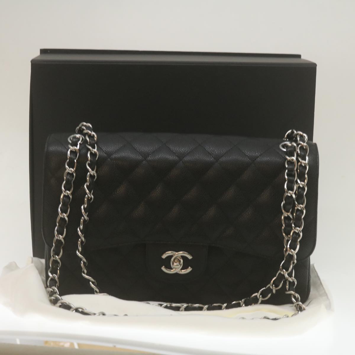 CHANEL Caviar Skin Chain Double Flap Big Matelasse ShoulderBag Black  29507A