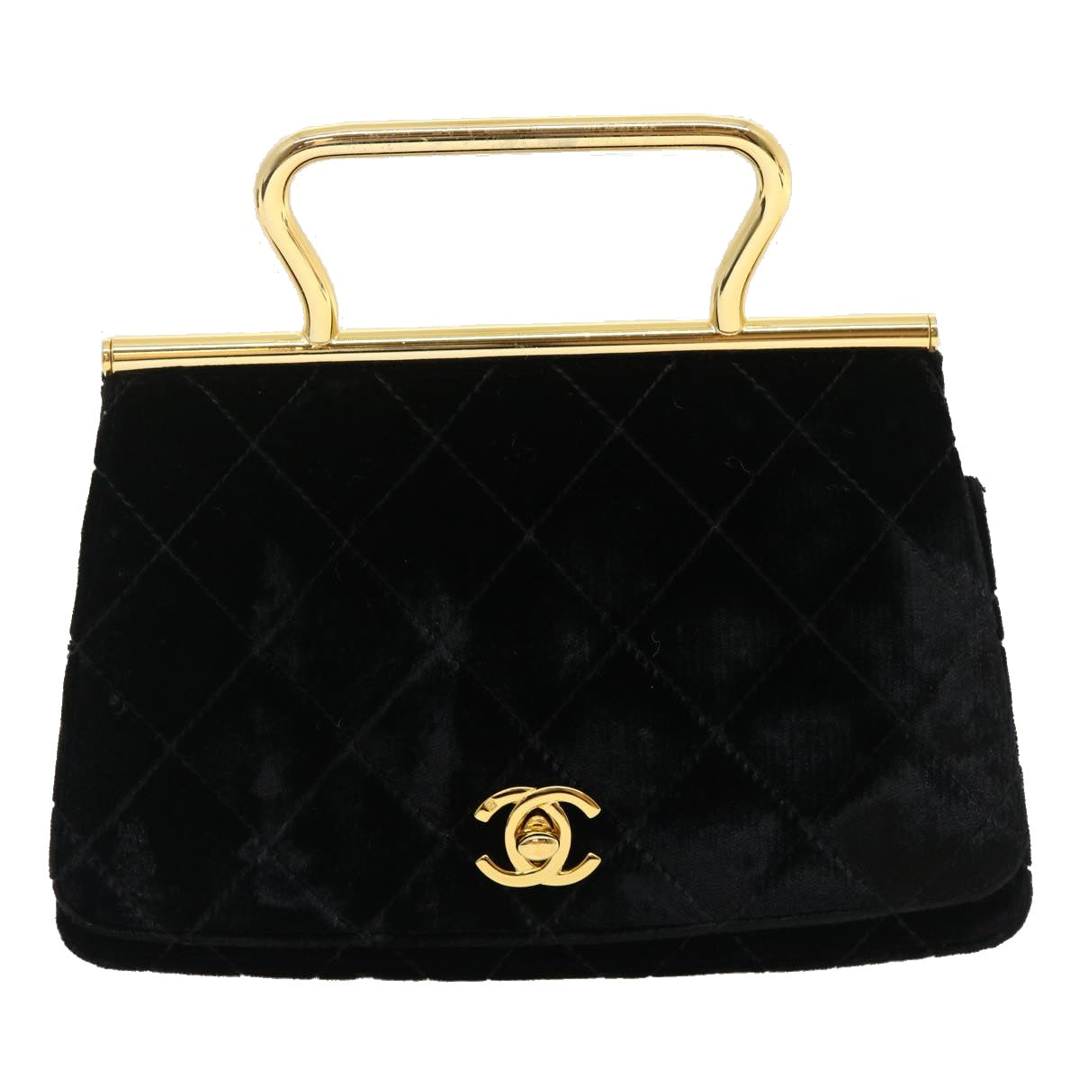 CHANEL Turn Lock Flap Matelasse Hand Bag velvet Black Gold CC  29565A