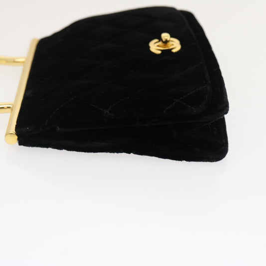 CHANEL Turn Lock Flap Matelasse Hand Bag velvet Black Gold CC  29565A