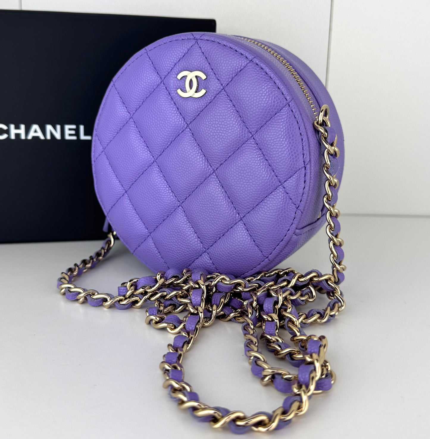 Chanel Caviar Quilted Round Clutch With Chain Purple