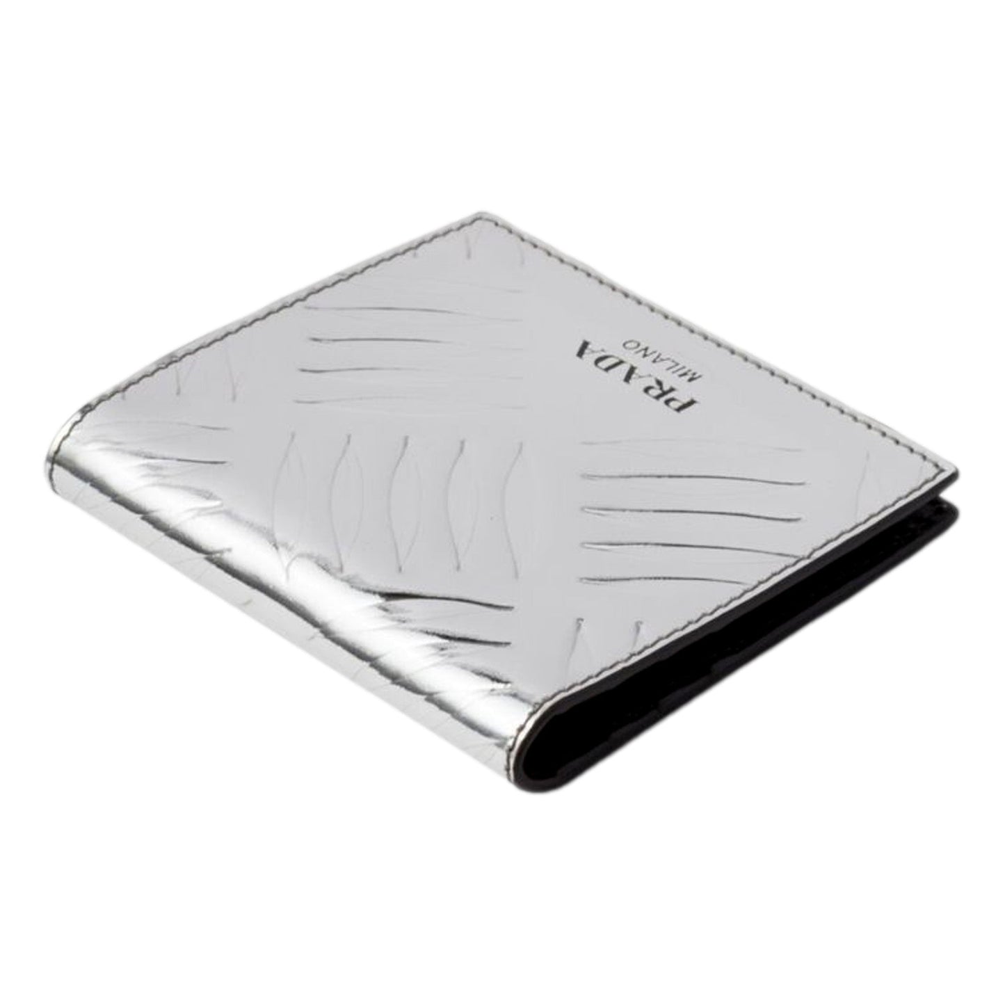 Luxury PradaSpazzolato Foldover Card Wallet Metallic Silver Embossed Leather