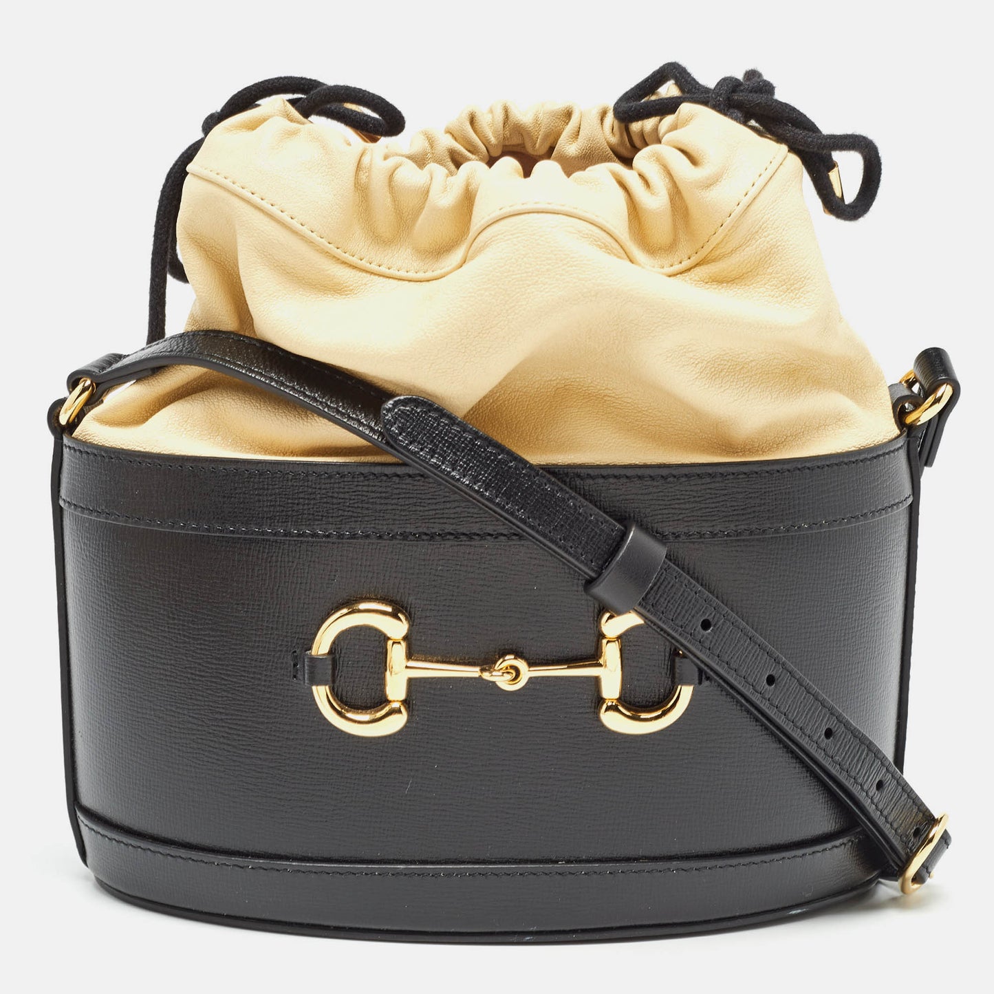 Luxury Gucci Trending 2025 Black/Cream Leather Horsebit 1955 Bucket Bag