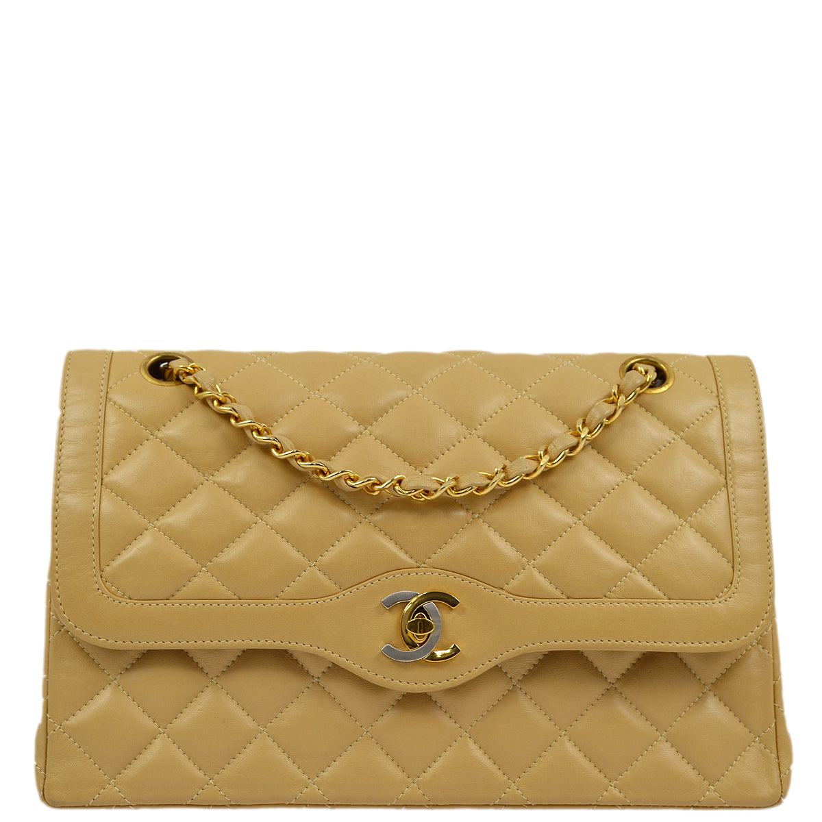 Chanel Beige Lambskin Paris Classic Double Flap Shoulder Bag