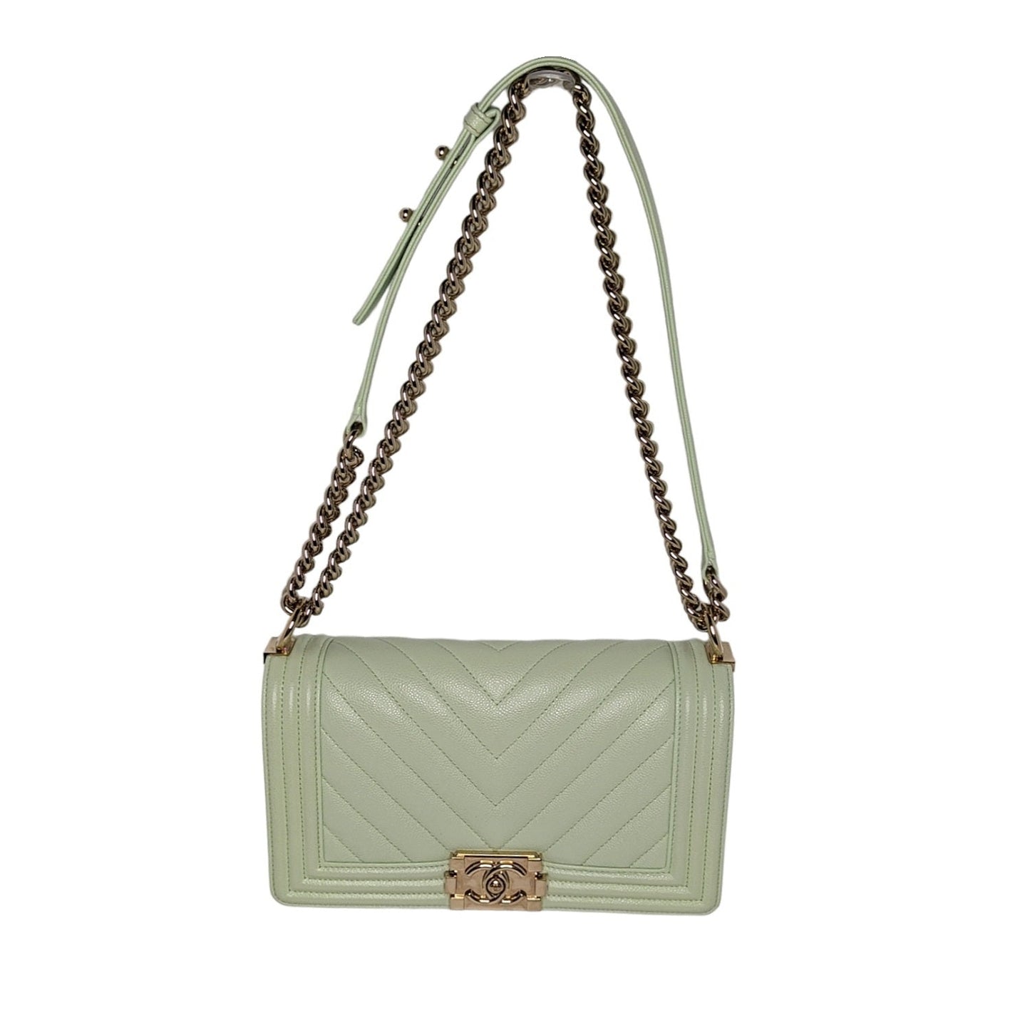 Luxury Chanel bag Caviar Chevron Quilted Medium Boy Flap Light Green