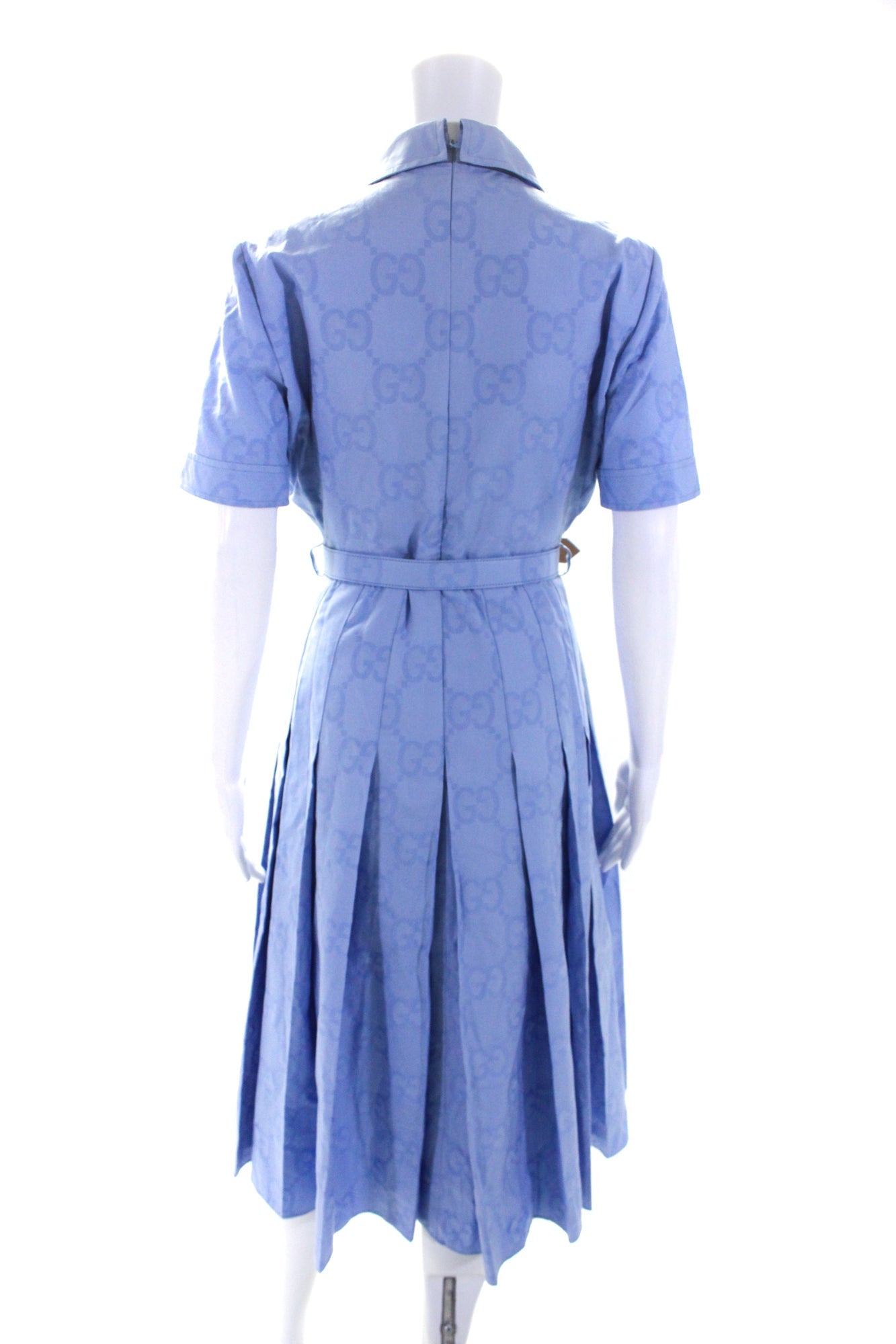 Gucci Womens Short Sleeves Button Down Pleated A Line Dress Blue