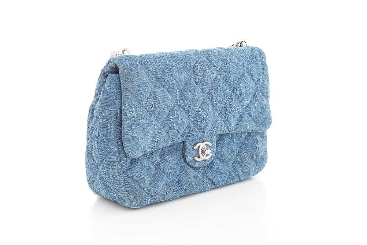 Luxury Chanel Denim Quilted Medium Camellia Sweetheart Flap Handbag