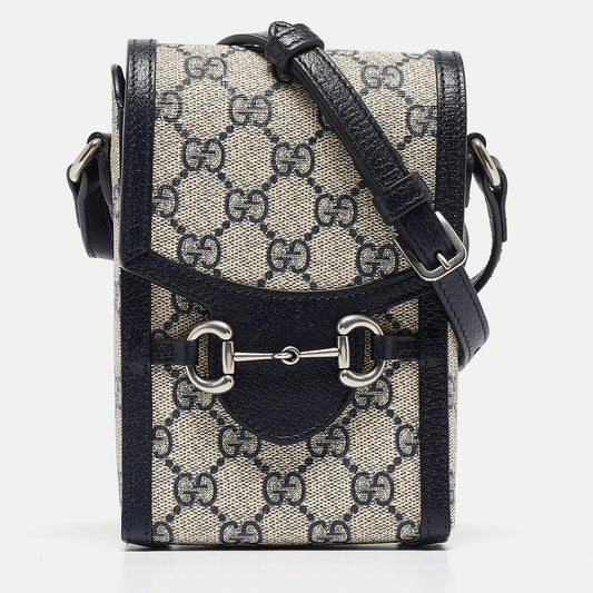Luxury Gucci Trending 2025 Beige/Navy Blue GG Supreme Canvas and Leather Mini Horsebit 1955 Crossbody Bag