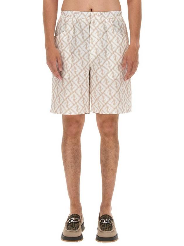 Luxury Fendi Logo Monogram Linen Bermuda Shorts Beige
