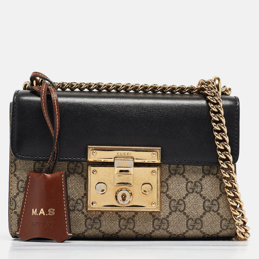 Luxury Gucci Trending 2025 Black/beige Gg Supreme Canvas And Leather Small Padlock Shoulder Bag..