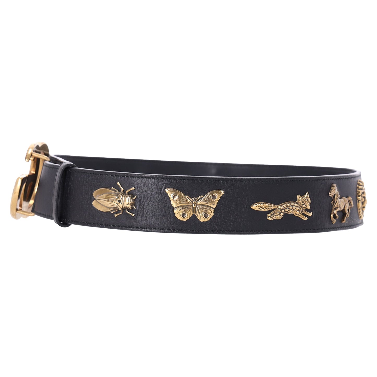Gucci Marmont Bug Medallion Belt 80/32 in Black Smooth Leather