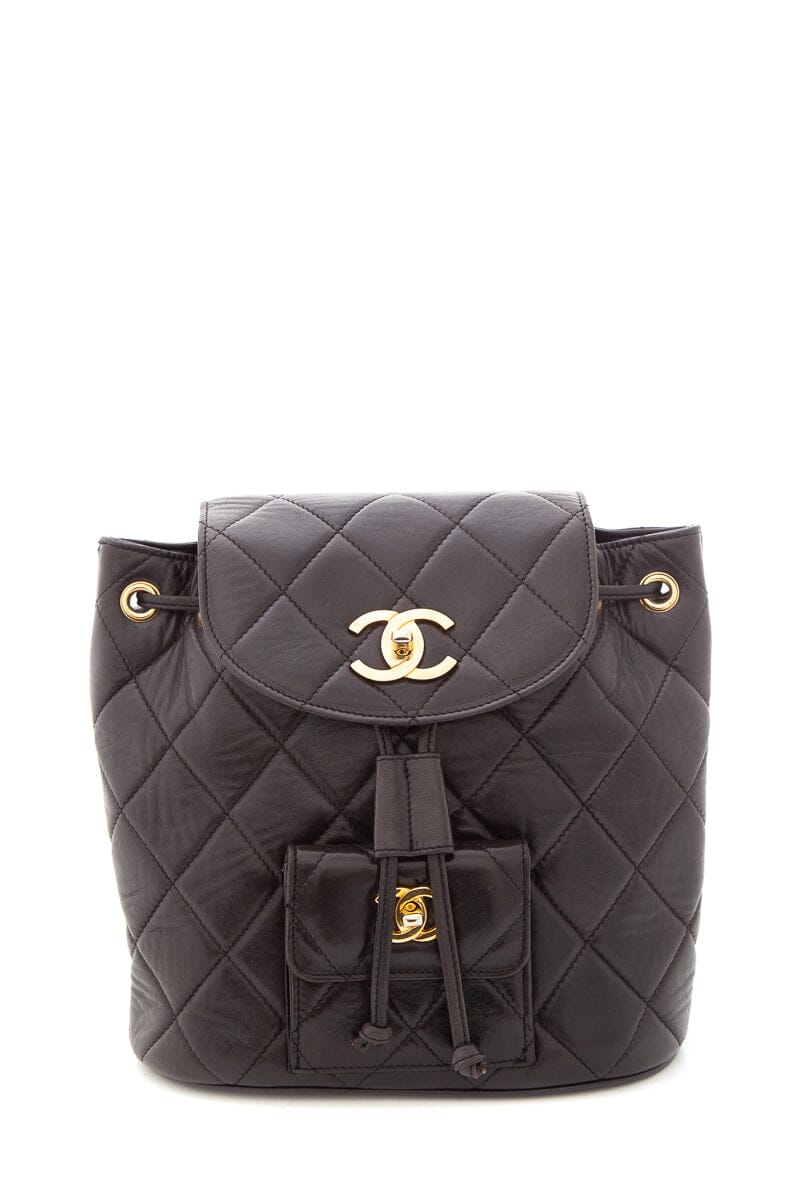 Luxury Chanel Vintage Black Lambskin Quilted Drawstring Backpack