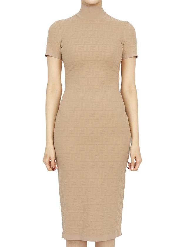 Luxury Fendi Women's FF Logo Short Sleeve Midi Dress Beige
